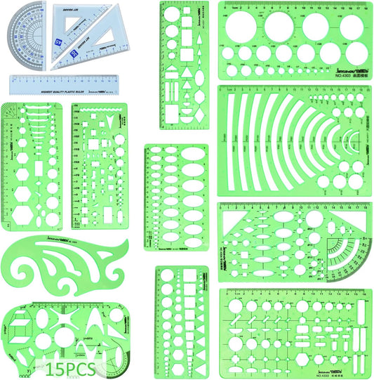 15PCS Geometric Drawings Templates, Measuring Geometry Rulers, Drafting Stencils Measuring Tools