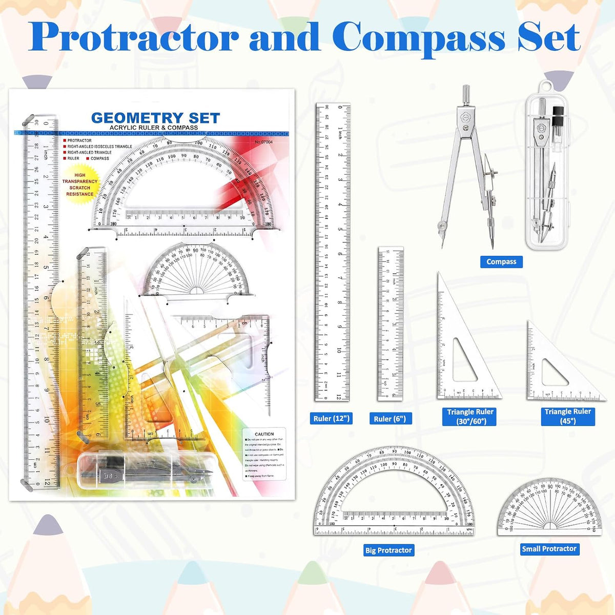 Coopay 7 Pcs Geometry Set, Clear Acrylic Ruler, Protractor and Compasses