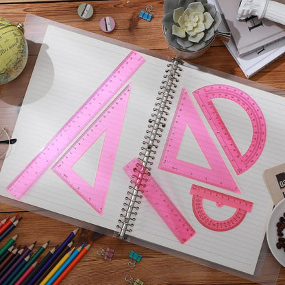 Tenare 6 Pcs Math Geometry Ruler Straight Protractor Triangle, Pink
