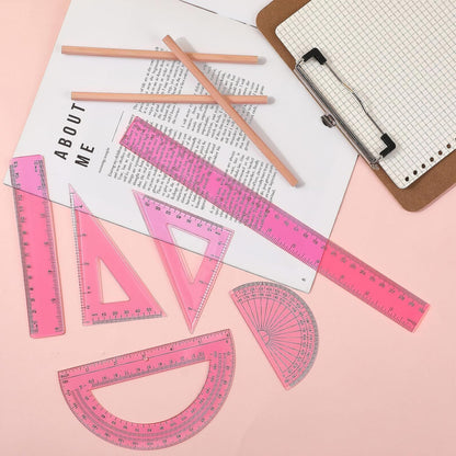 Tenare 6 Pcs Math Geometry Ruler Set, Protractor Triangle School,Pink