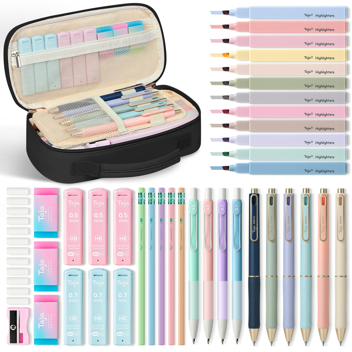 Taja Cute Pencil Case With School Supplies, 39 PCS, Stationery Set, Pink