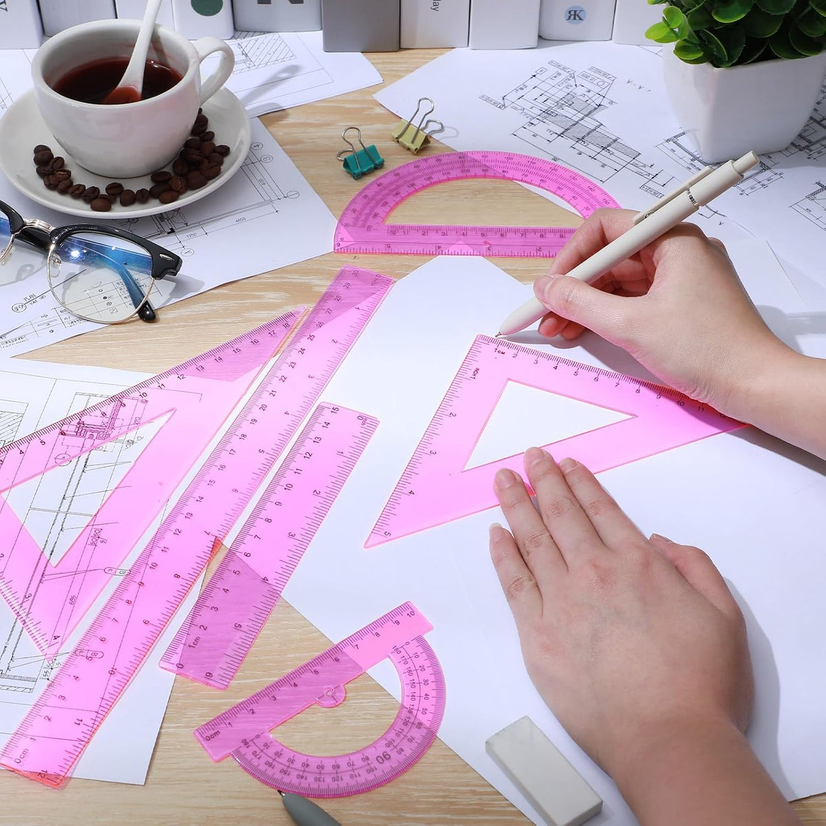 Tenare 6 Pcs Math Geometry Ruler Straight Protractor Triangle, Pink
