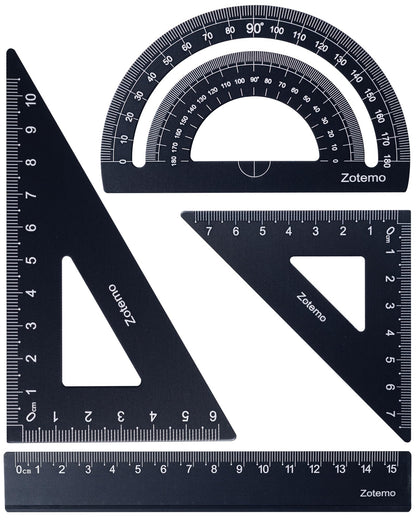 Geometry Ruler Set for Students, Metric Measurement 4-Piece Metal Math Drafting Kit with Non-Slip Design 15 cm Straightedge Ruler, 180° Protractor & 2 Triangles for School Kids (Silver)