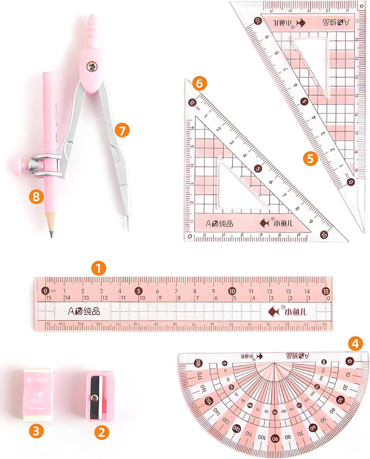 8 Pcs Compass/Math Set for Students with Shatterproof Storage Box, Geometry Set for School, Includes Ruler, Protractor, Compass, Pencil,Pencil Sharpener and Eraser,etc. Perfect Gift (Pink)