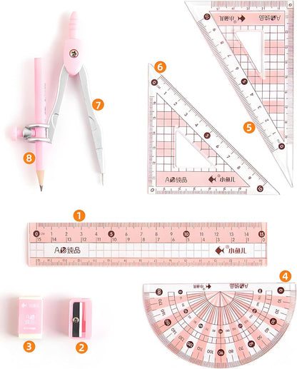 8 Pcs Compass/Math Set for Students with Shatterproof Storage Box, Geometry Set for School, Includes Ruler, Protractor, Compass, Pencil,Pencil Sharpener and Eraser,etc. Perfect Gift (Pink)