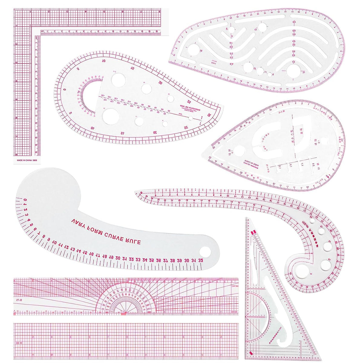 Fashion Clear Metric Sewing Ruler Set,French Curve Pattern Rulers for Beginners, Tailors, Designers, Quilting, Embroidery, Cross Stitch, Crochet, Knitting 9pcs (9-Piece Set)