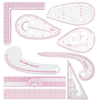 Fashion Clear Metric Sewing Ruler Set,French Curve Pattern Rulers for Beginners, Tailors, Designers, Quilting, Embroidery, Cross Stitch, Crochet, Knitting 9pcs (9-Piece Set)