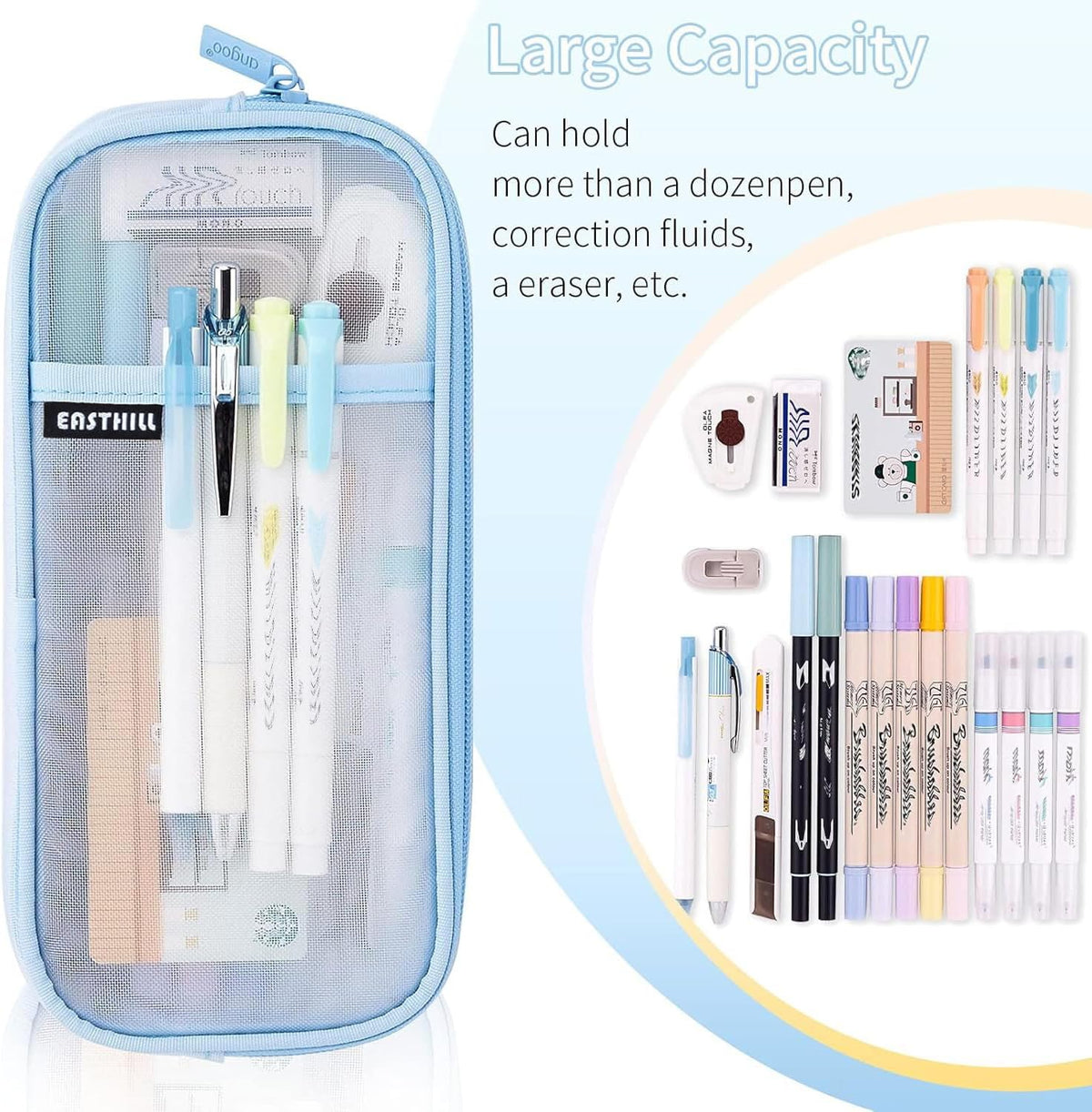 EASTHILL Grid Mesh Pen Pencil Case with Zipper Clear Makeup Color Pouch Cosmetics Bag Multi-Purpose Travel School Teen Girls Transparent Stationary Bag Office Organizer Box for Adluts(Blue)