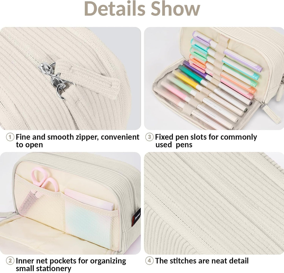 Sooez Big Capacity Pencil Case Pen Pouch, Soft Corduroy Pencil Bag