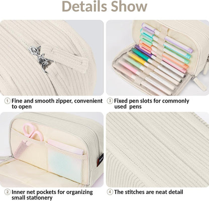 Sooez Big Capacity Pencil Case Pen Pouch, Soft Corduroy Pencil Bag