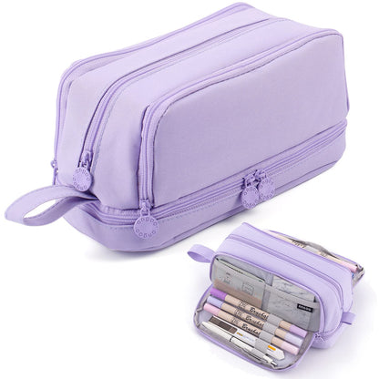 MAMUNU Large Capacity Pencil Case 4 Compartments, Pencil Pouch Bag with Zipper Portable Handle, Pen Case Bag Stationery Organizer for Office College School Adults Teen Girls Boys Men Women, Pink