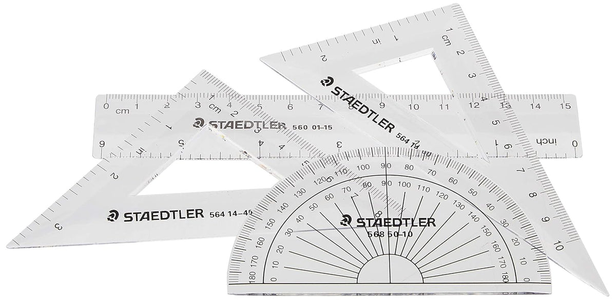 STAEDTLER Math Set - 4 pc Geometry Kit for Students - School Supplies with Clear Protractor, 6in Ruler & 2 Triangles – Metric & Imperial Scales