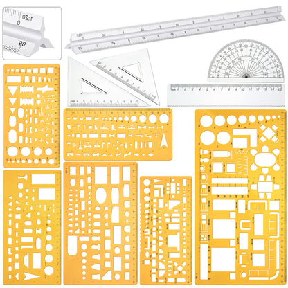 Zonon 10 Pcs Architect Scale & Geometric Drawing Template, Classic, Clear