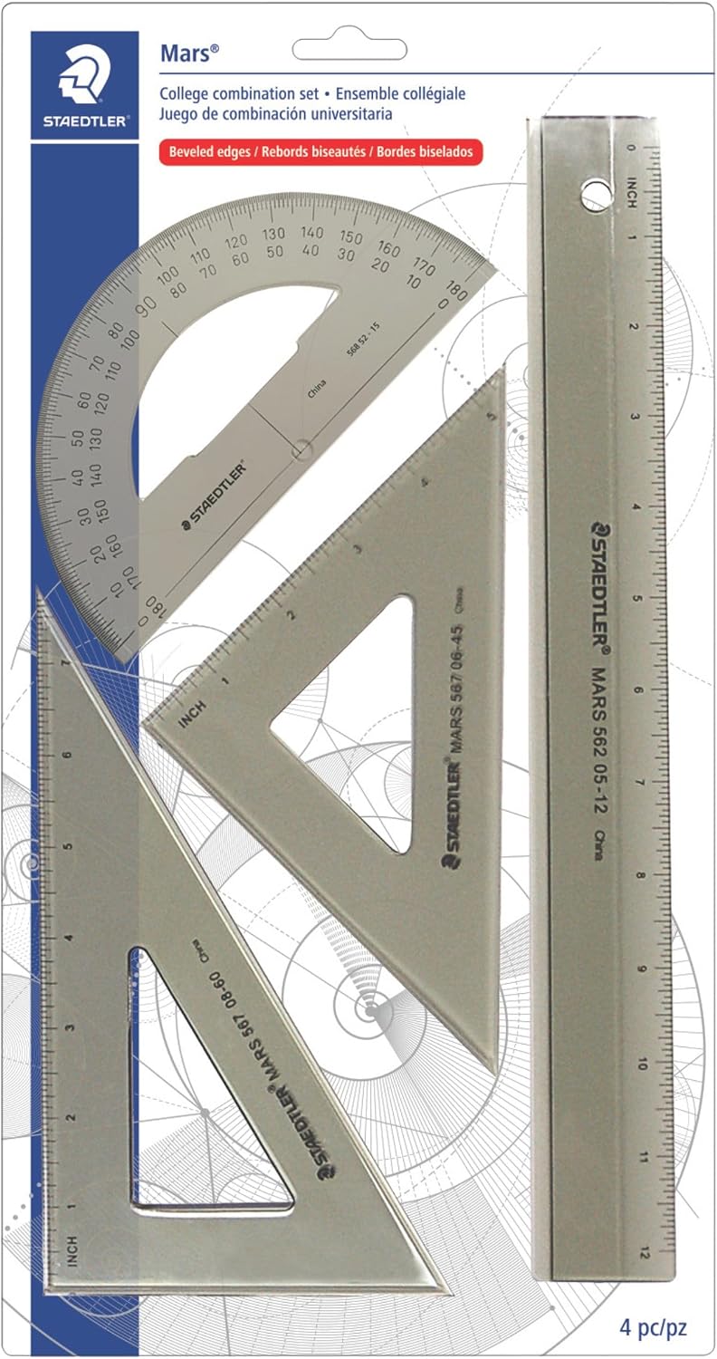 STAEDTLER College Combination Set - Triangle, Protractor & Ruler Set, Transparent Smoke Plastic with Beveled Edges, 4-Piece Set
