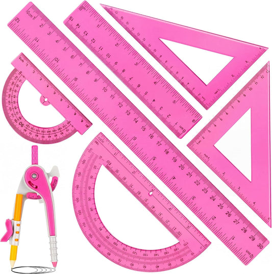 Zonon 7 Pcs Geometry Math Set with Compass Protractor Rulers, Pink