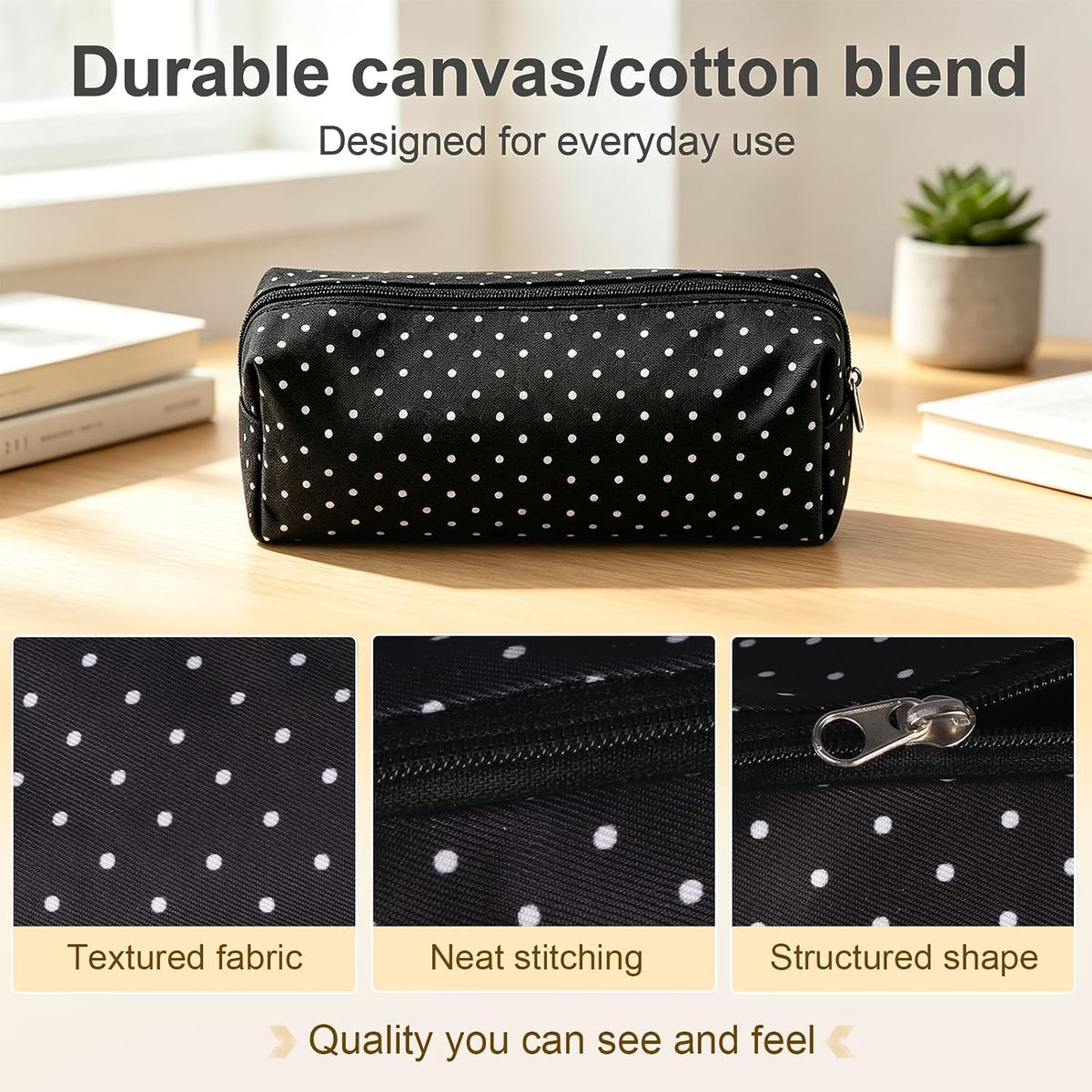 Cute Polka Dot Pencil Case Aesthetic Pencils Pouch, Black 1Pcs - Y2K Pencil Case Polka Dot, Slim Soft Canvas Pencil Pouch for High School College Student Stationery Supplies & Makeup Bag