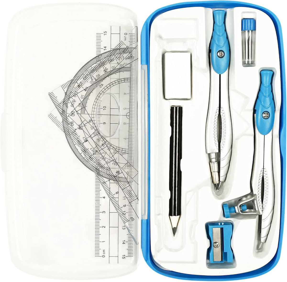 Geometry Set,10 Pcs Protractor and Compass Set, Math and Ruler Set for Students, Class Supplies, and School - Essential Compass Geometry Tools for Precision and Quality (Blue)