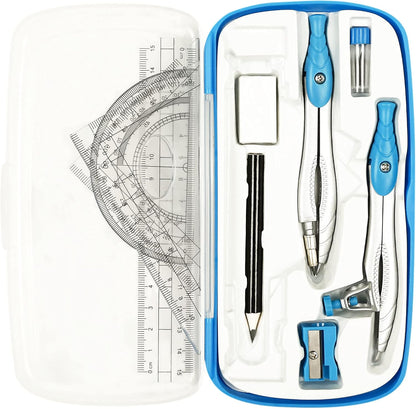 Geometry Set,10 Pcs Protractor and Compass Set, Math and Ruler Set for Students, Class Supplies, and School - Essential Compass Geometry Tools for Precision and Quality (Blue)
