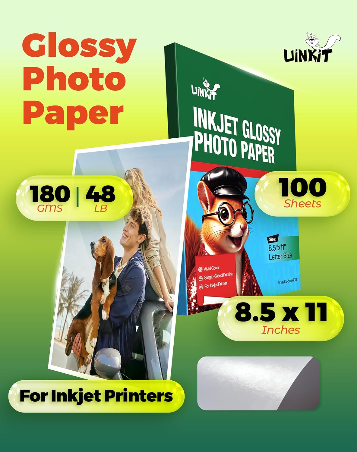Uinkit Inkjet Glossy Photo Paper 48lb,8.5 x 11" 100 Sheets