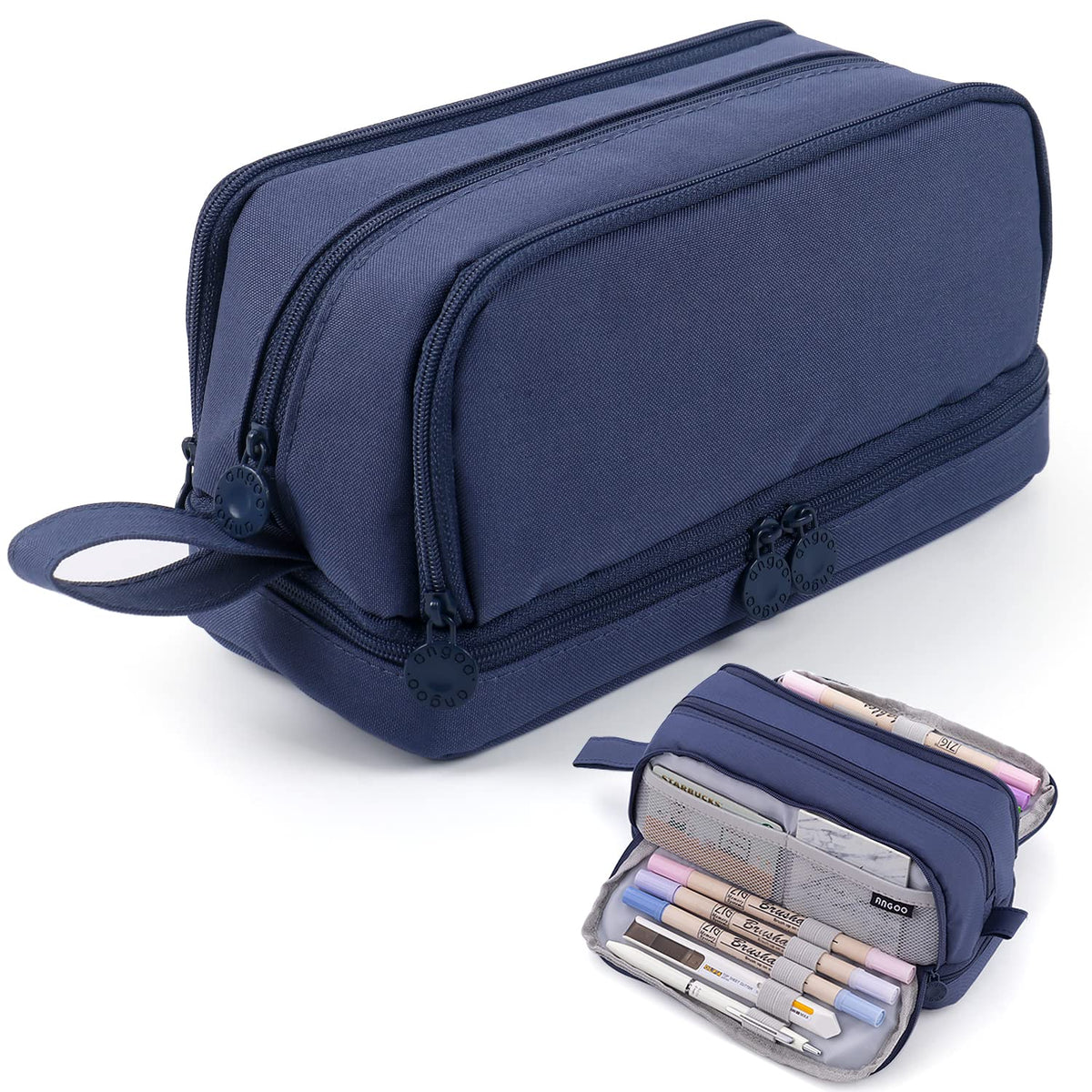 MAMUNU Large Capacity Pencil Case 4 Compartments, Pencil Pouch Bag with Zipper Portable Handle, Pen Case Bag Stationery Organizer for Office College School Adults Teen Girls Boys Men Women, Pink