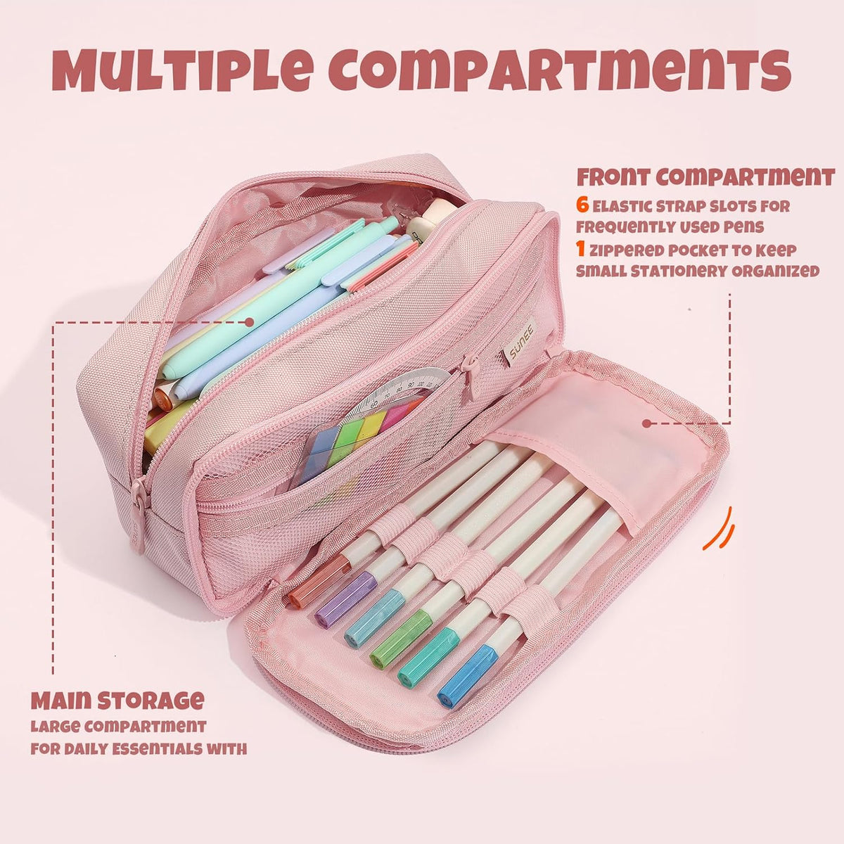SUNEE Pencil Case, Large Capacity Pencil Pouch, Aesthetic Big Pen Bag 900D Oxford Pen Box for Office Stationery Organizer School Supplies Multifunctional for Teen Boys Girls Women Men, Pink