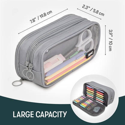 ZIPIT Half & Half Pencil Case, 3-Compartment Aesthetic Zipper Pouch, Grey