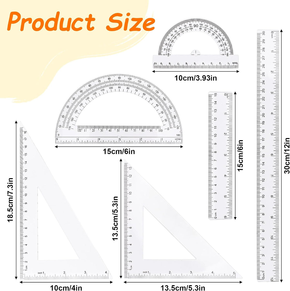 Plastic Clear Ruler Math Set - 6'' 12'' Transparent Straight Ruler, 4'' 6'' Protractor, 30/60 & 45/90 Triangle Ruler, Geometry Math Measuring Tool for School Office Drawing Teachers Kids Supplies