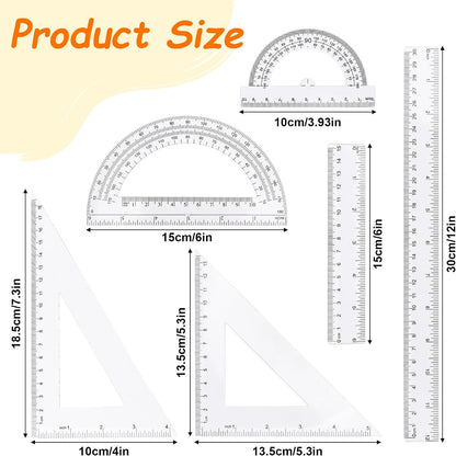Plastic Clear Ruler Math Set - 6'' 12'' Transparent Straight Ruler, 4'' 6'' Protractor, 30/60 & 45/90 Triangle Ruler, Geometry Math Measuring Tool for School Office Drawing Teachers Kids Supplies