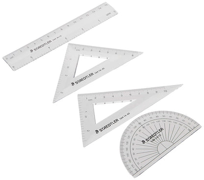 STAEDTLER Math Set - 4 pc Geometry Kit for Students - School Supplies with Clear Protractor, 6in Ruler & 2 Triangles – Metric & Imperial Scales