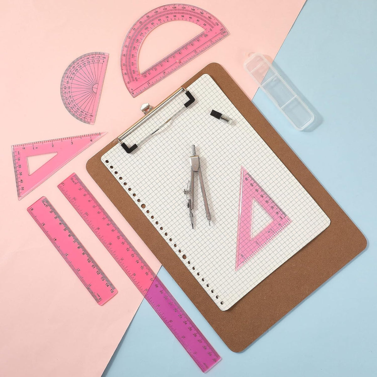 Zonon 7 Pcs Geometry Set with Drawing Compas, 6&4 Inch Protractors, Pink