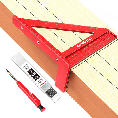 3.8＂Mini 3D Multi-Angle Measuring Square Ruler, WT102A High Precision Hole Scribing Woodworking Tools, 0-90° Aluminum Alloy Carpenter Square Wood Working Tools, Carpenter Pencils 6 Refills.
