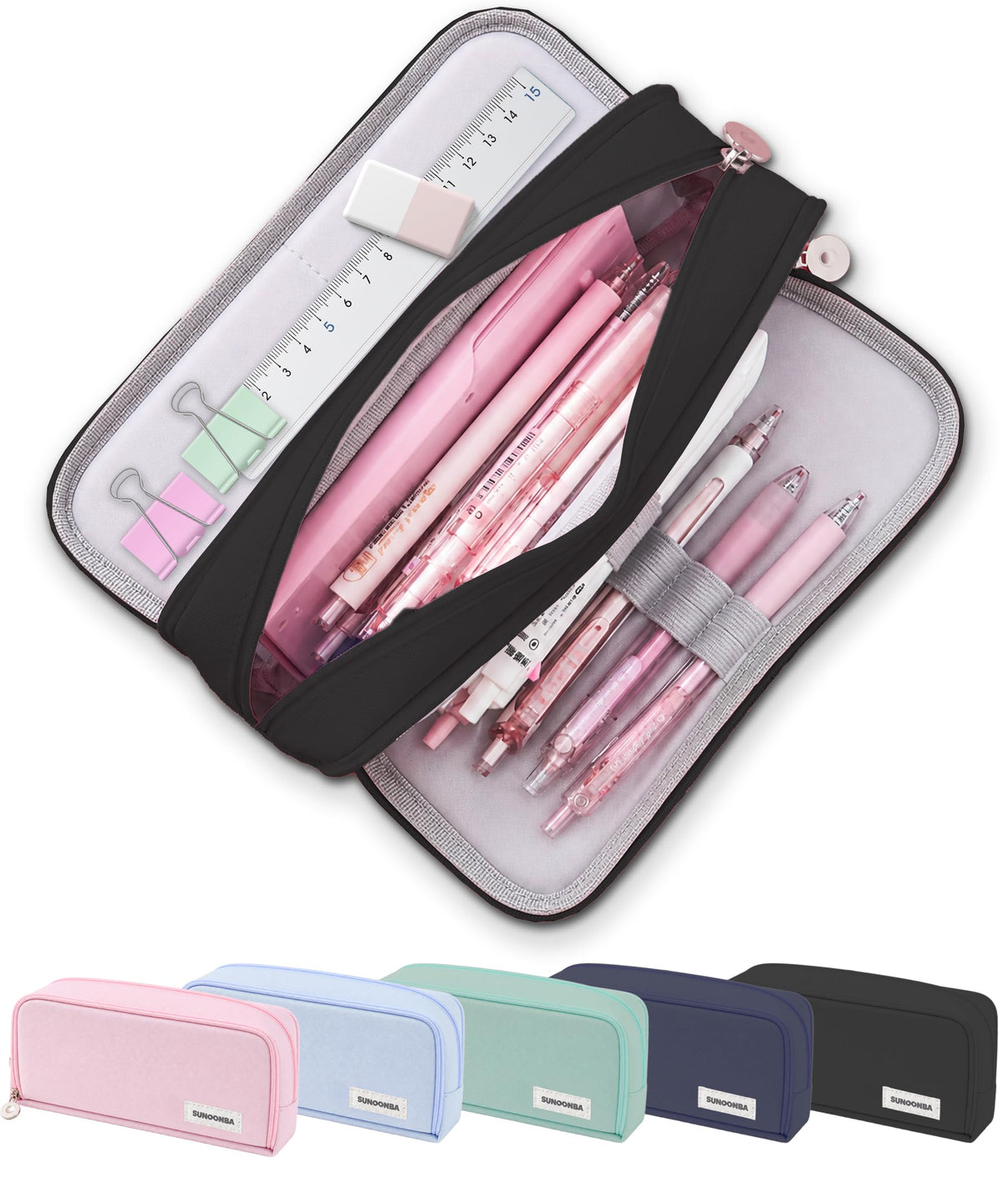 FAHZON Cute Pencil Case, 3 Large Compartments Pencil Pouch, Elastic Pen Slots&Mesh Pockets for Stationery, Pencil Bag for School Supplies with Zipper for Girls Boy Women Teens Adults-Pink
