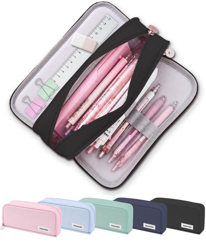 FAHZON Cute Pencil Case, 3 Large Compartments Pencil Pouch, Elastic Pen Slots&Mesh Pockets for Stationery, Pencil Bag for School Supplies with Zipper for Girls Boy Women Teens Adults-Pink