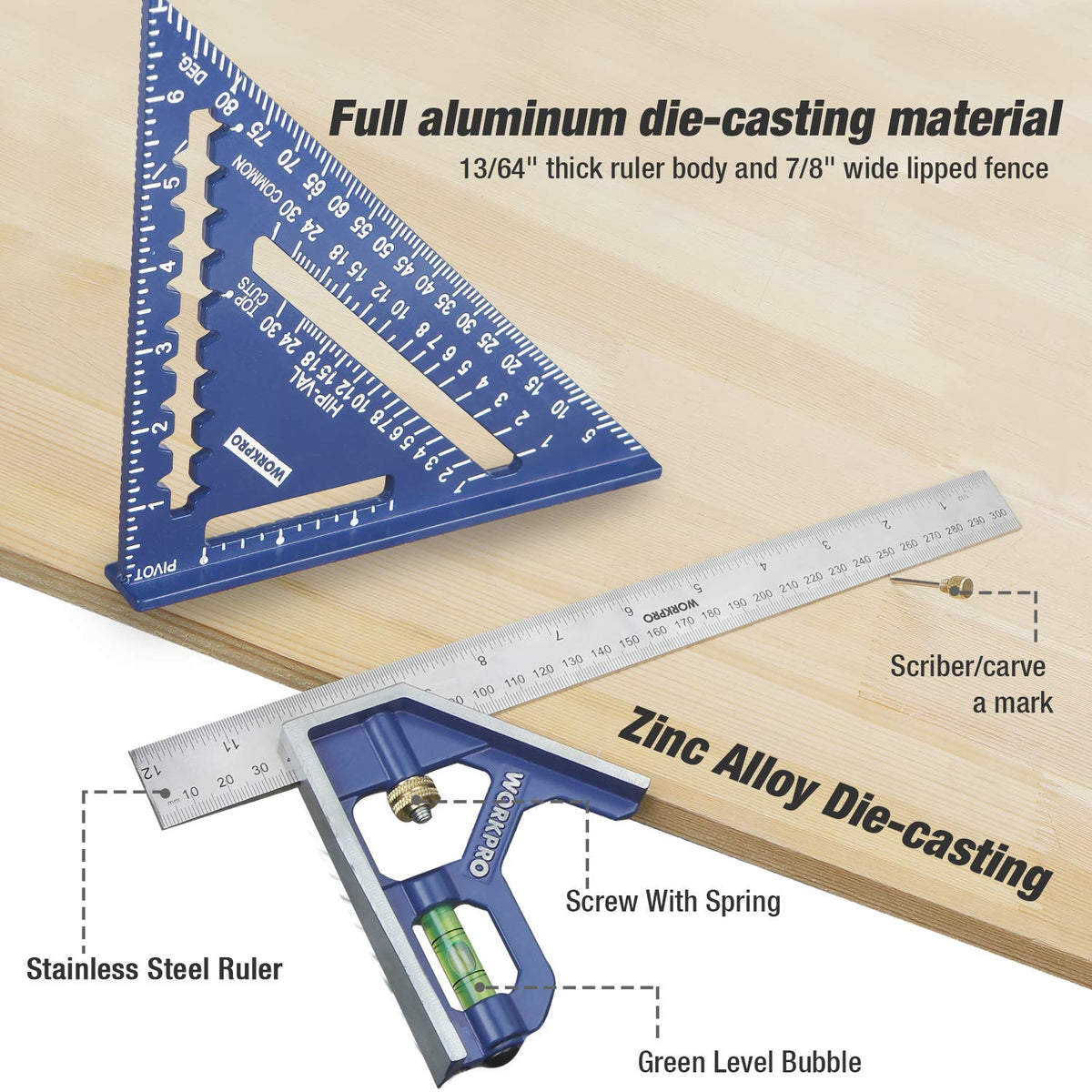 WORKPRO Aluminum Alloy Carpenter Square and Zinc-Alloy Square Ruler Set