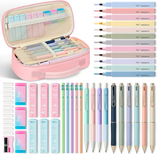 Taja Cute Pencil Case With School Supplies, 39 PCS, Stationery Set, Pink