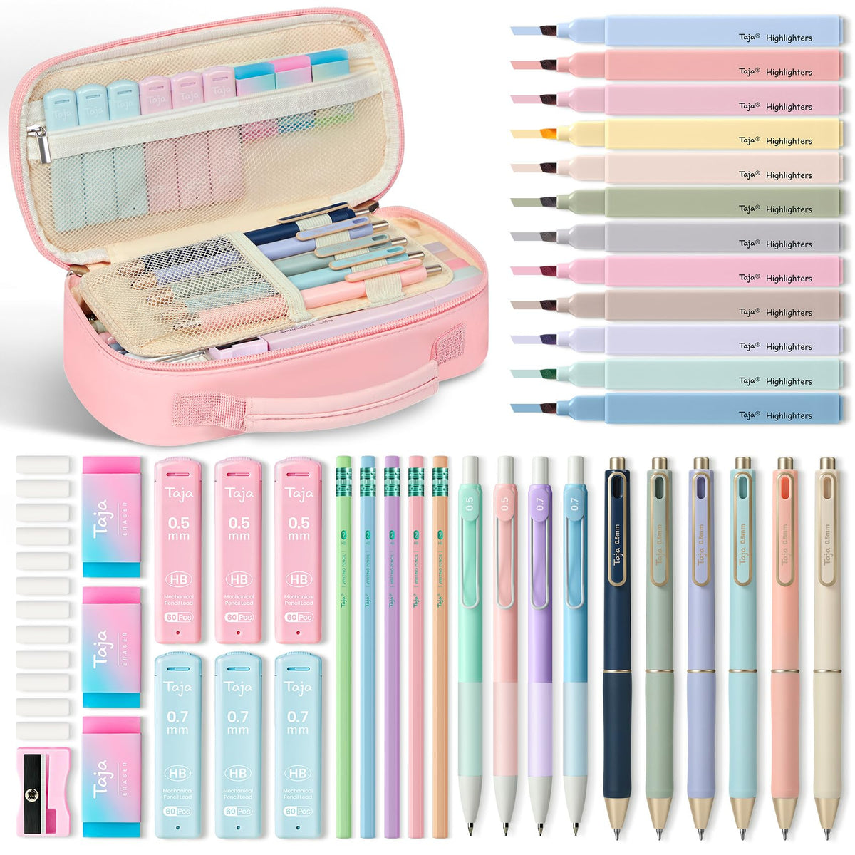 Taja Cute Pencil Case With School Supplies, 39 PCS, Stationery Set, Pink