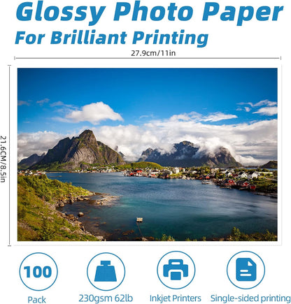 Uinkit 62lb Thick Glossy Inkjet Photo Paper, 8.5x11, 100 Sheets, 230gsm