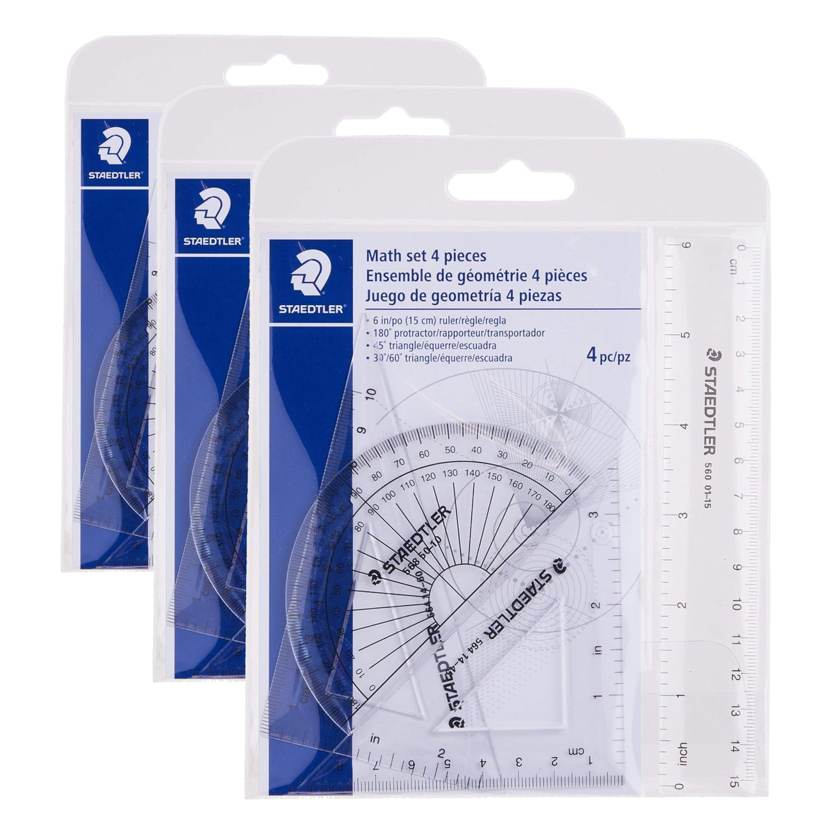 STAEDTLER Math Set - 4 pc Geometry Kit for Students - School Supplies with Clear Protractor, 6in Ruler & 2 Triangles – Metric & Imperial Scales