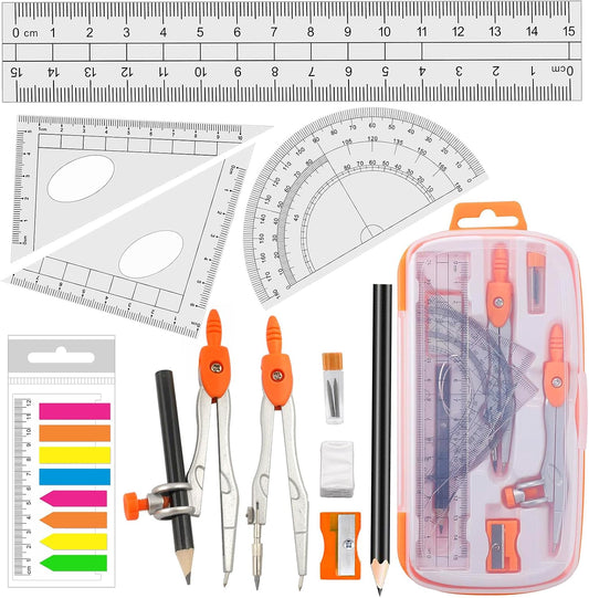 Akuoly Geometry Compass Set 2 Drafting Compasses with Maths Protractor Set Squares Ruler and More for Students Starters Homework etc. Orange