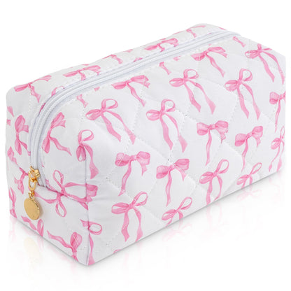 Makeup Bag Travel Toiletry Bag for Women, Small Cosmetic Bags Cute Quilted Cotton Makeup Pouch for Purse Emergency Bag Pencil Case Accessory Bag, Pastel Pink