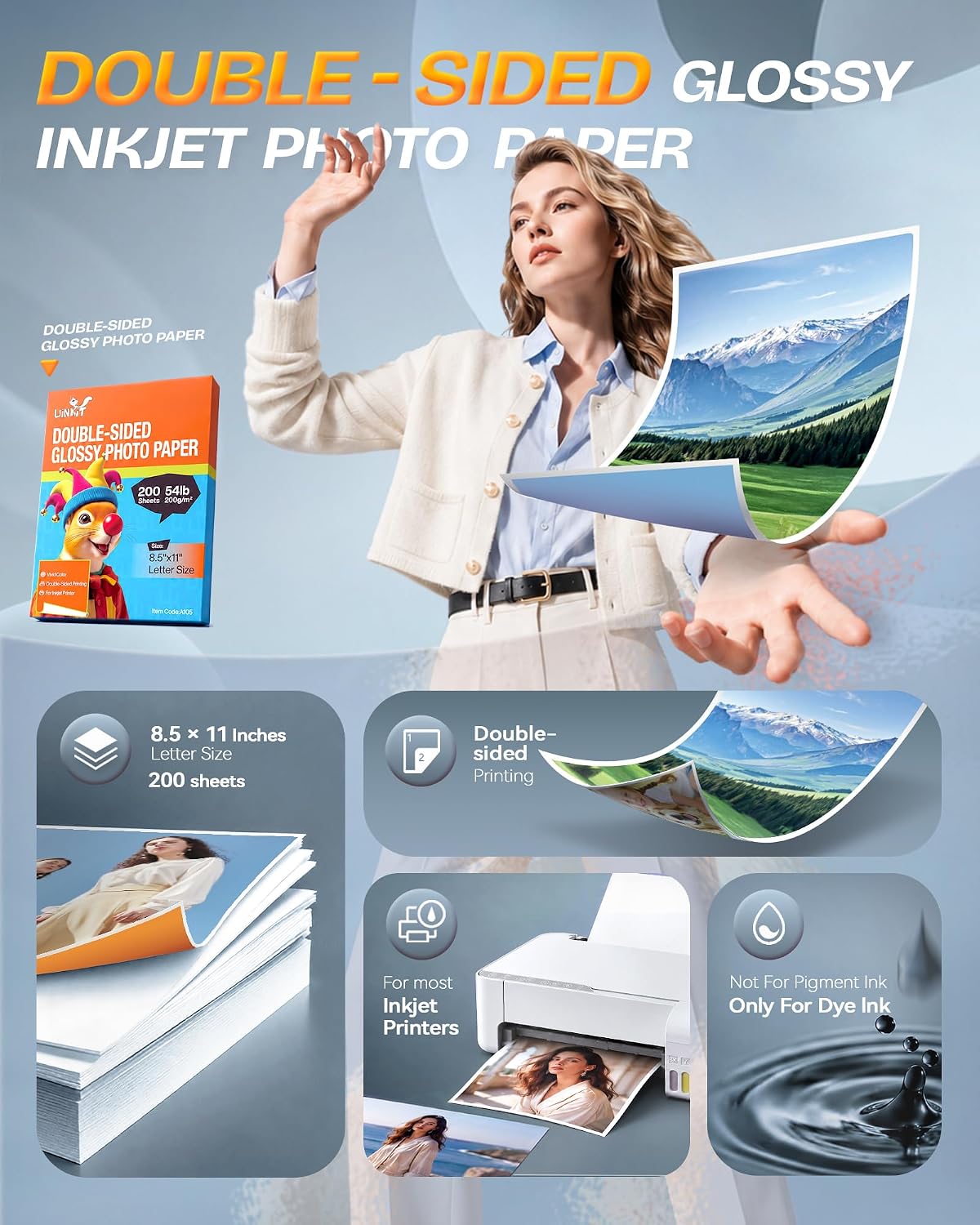 Uinkit Double-Sided Glossy Inkjet Photo Paper 8.5x11, 200 Sheets, 200gsm