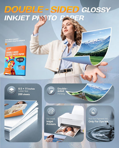 Uinkit Double-Sided Glossy Inkjet Photo Paper 8.5x11, 200 Sheets, 200gsm