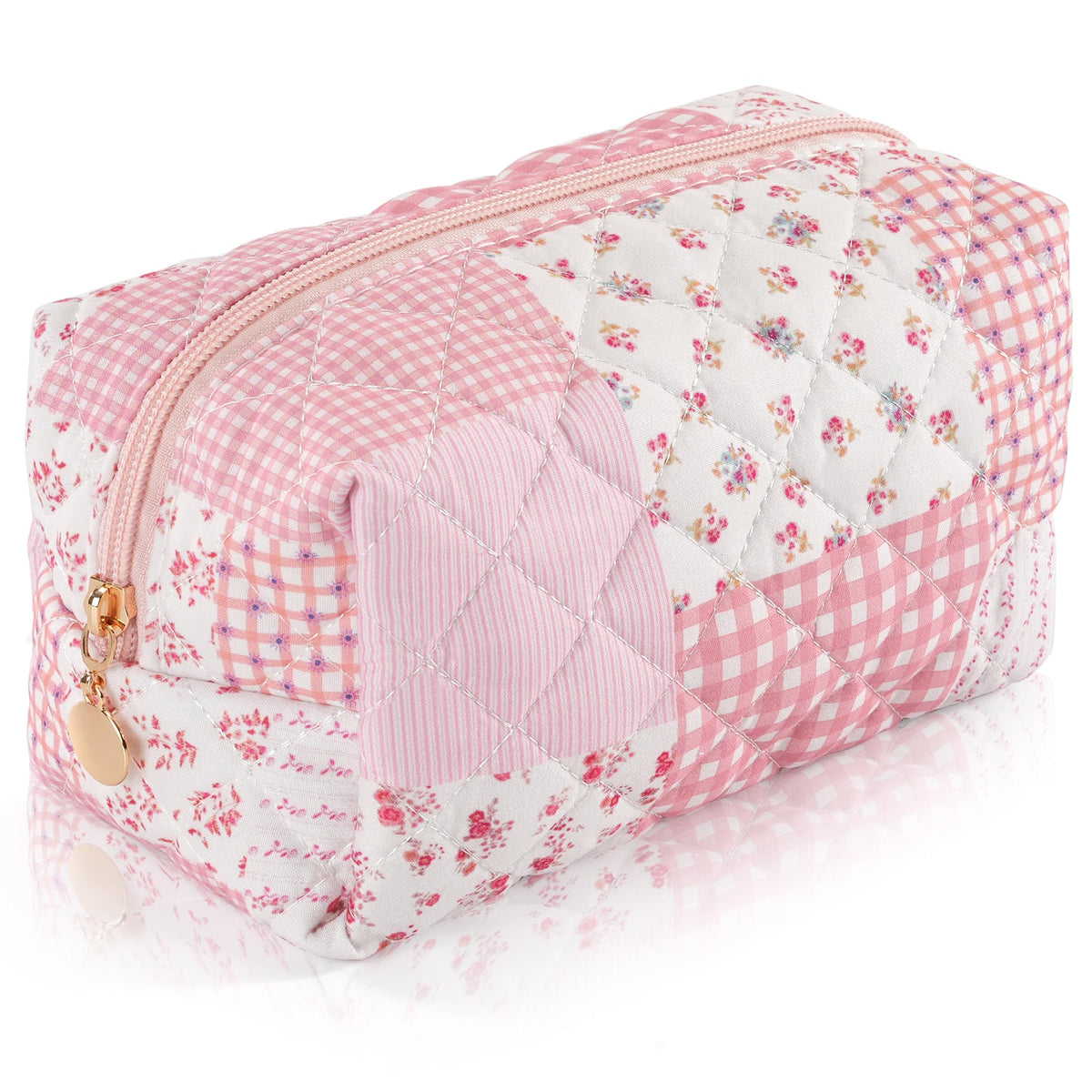 Makeup Bag Travel Toiletry Bag for Women, Small Cosmetic Bags Cute Quilted Cotton Makeup Pouch for Purse Emergency Bag Pencil Case Accessory Bag, Pastel Pink