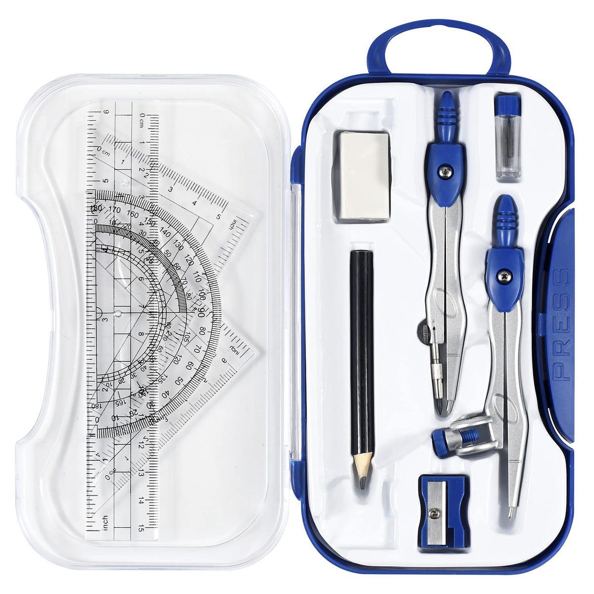 Unjoo Geometry Set 10 Pcs Student Supplies,Protractor and Compass,Navy Blue