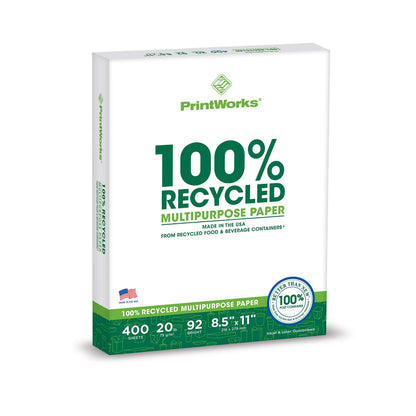 PrintWorks 100% Recycled Printer Paper 8.5" x 11" White - 20 lb Copy & Multipurpose Computer Paper - 3 Packs, 1200 Sheets - Made in the USA - 92 Bright - Printer & Copier Compatible (00018-3)