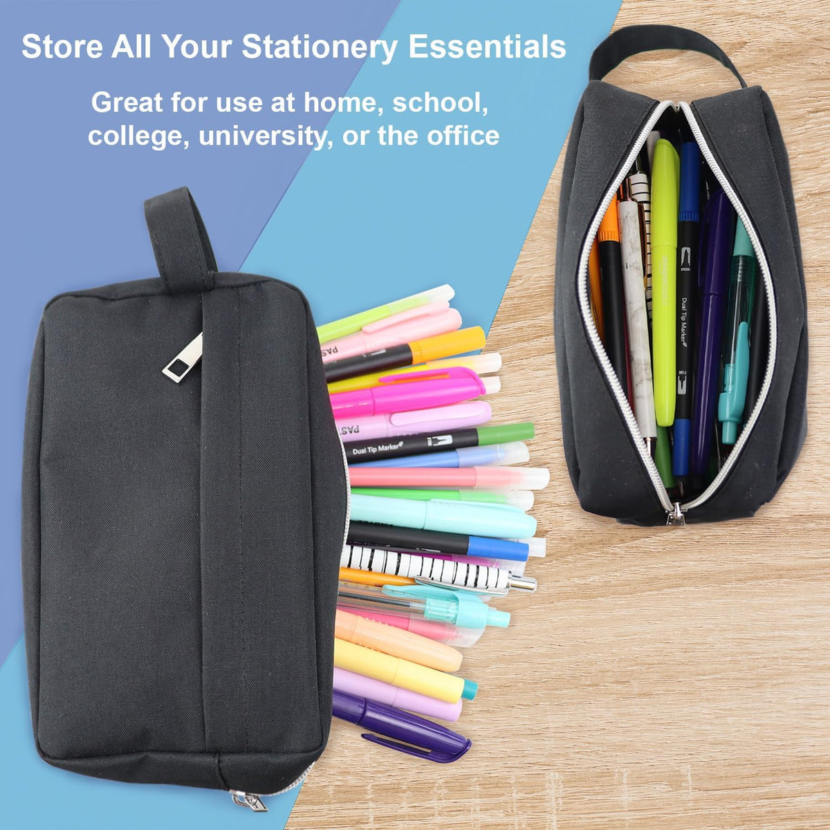 Fashion Stationery Black Pencil Case with Handle, Large Capacity