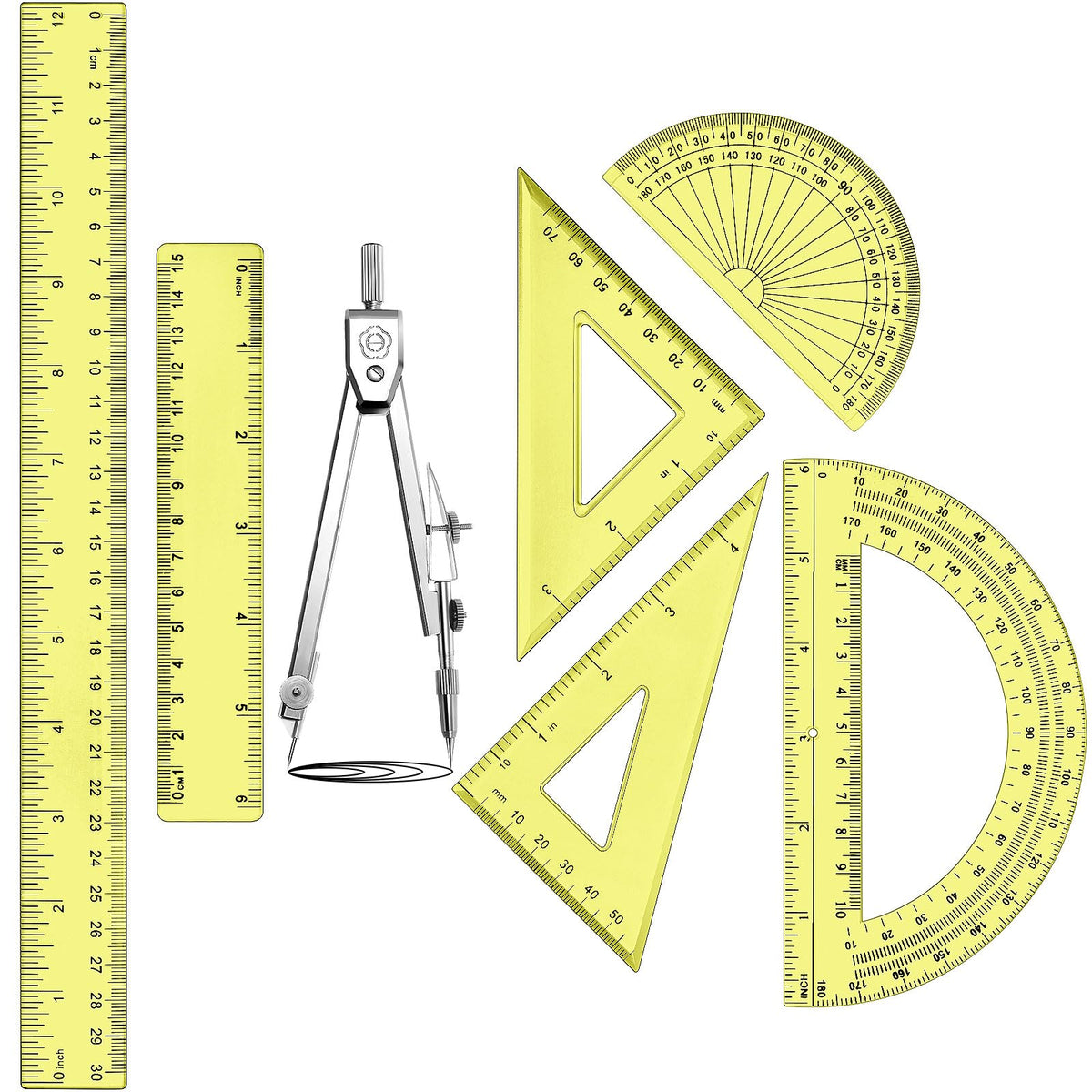 Zonon 7 Pcs Geometry Set with Drawing Compas, 6&4 Inch Protractors, Clear