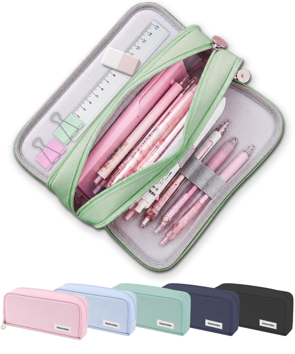 FAHZON Cute Pencil Case, 3 Large Compartments Pencil Pouch, Elastic Pen Slots&Mesh Pockets for Stationery, Pencil Bag for School Supplies with Zipper for Girls Boy Women Teens Adults-Pink