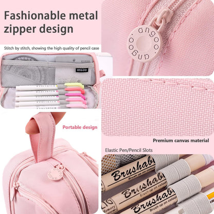 MAMUNU Large Capacity Pencil Case 4 Compartments, Pencil Pouch Bag with Zipper Portable Handle, Pen Case Bag Stationery Organizer for Office College School Adults Teen Girls Boys Men Women, Pink