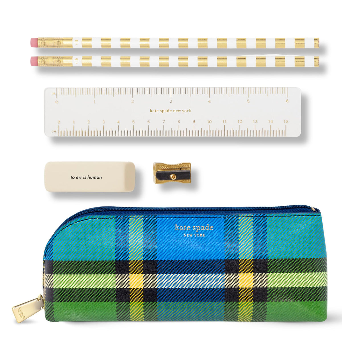 kate spade new york Pen and Pencil Case with Office Supplies, Zip Pouch Includes 2 Pencils, Sharpener, Eraser, and Ruler, Polka Dots (black/white)